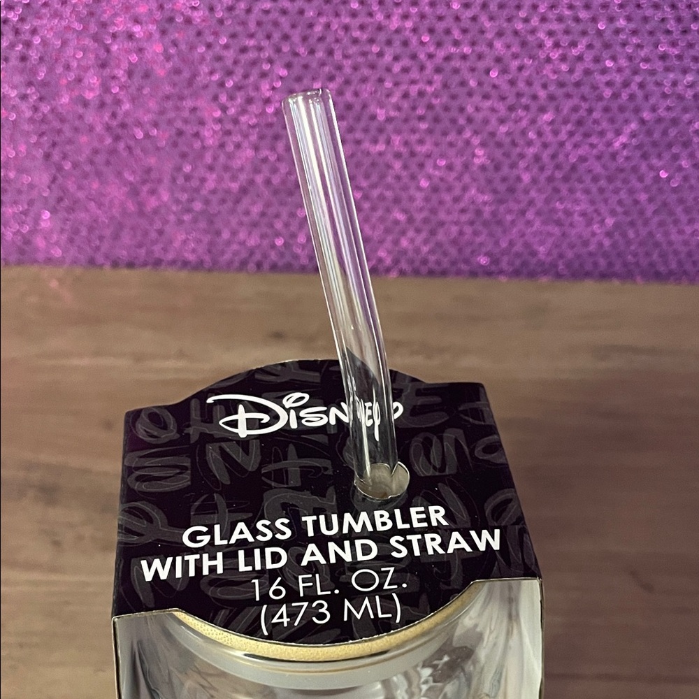 Disney Lady & the Tramp Glass Tumbler • 16 oz • Wood Lid & Straw • NWT - Picture 3 of 5